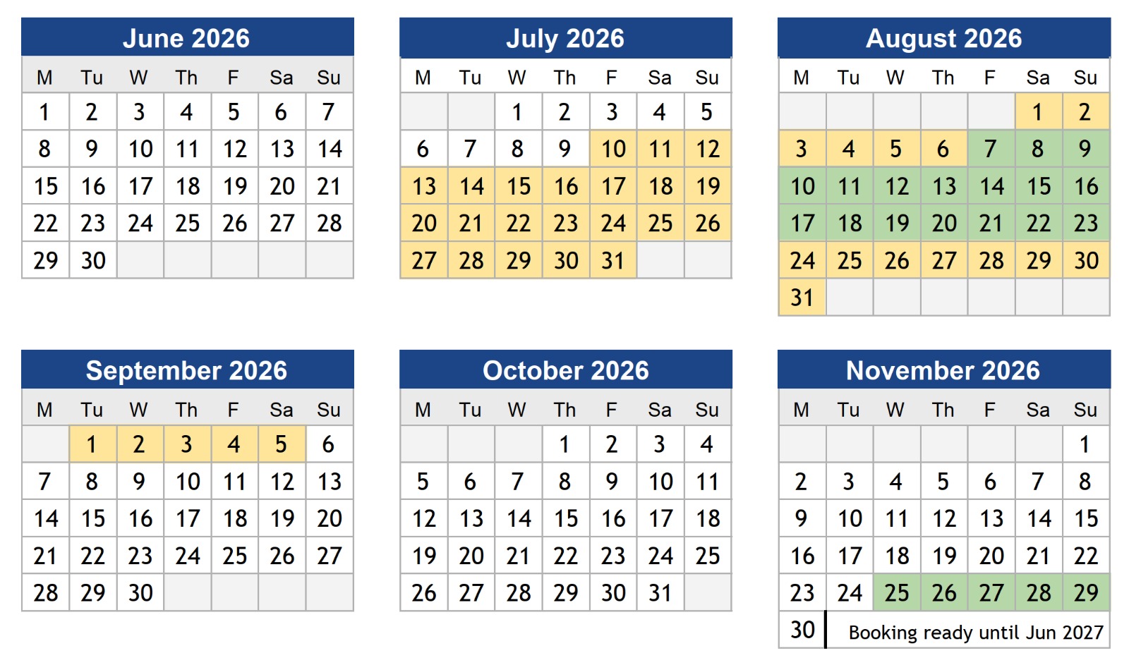 Calendario de disponibilidad de reservas junio a noviembre 2026